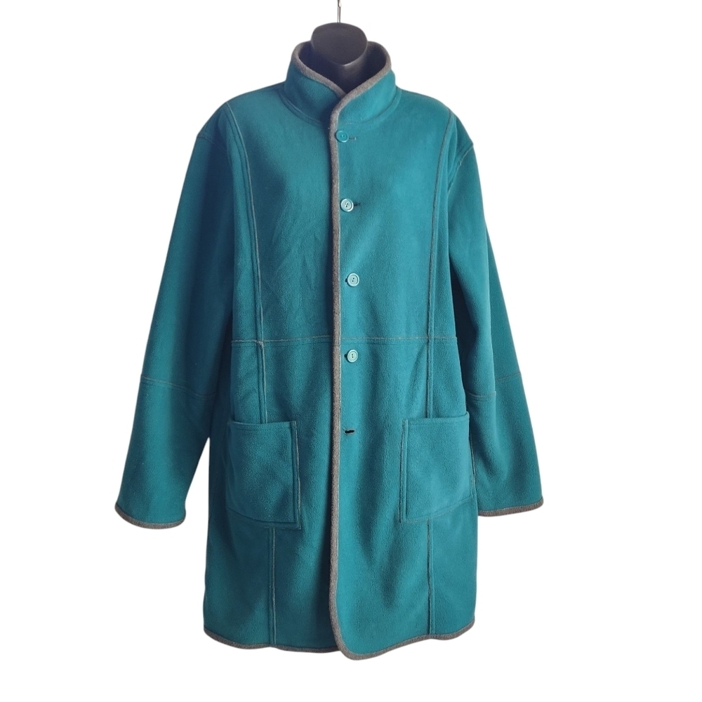 Susan Graver Womens Reversible Gray /Teal Fleece Long Sleeve Button Up Coat Sz L - Picture 8 of 13